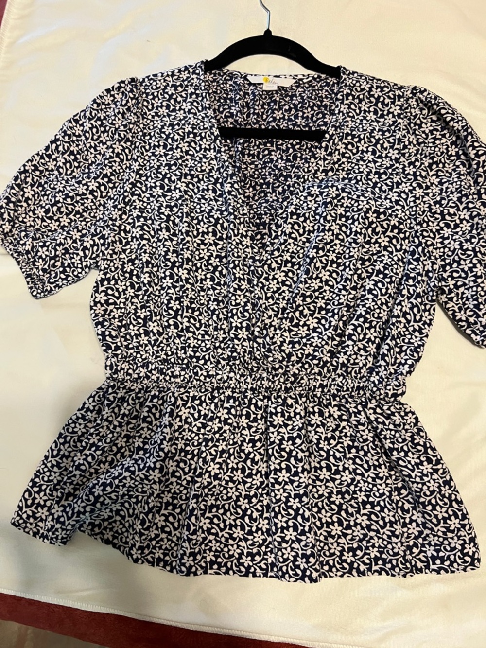 Boden Navy and White Floral-Print Peplum Blouse